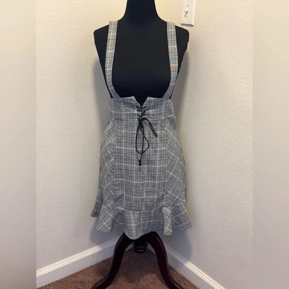2 FOR $20 Shein Pinafore Plaid Over All Dress School Girl Jumper 100% Cotton M - Picture 2 of 10